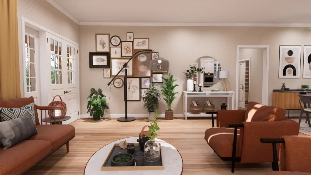 Mid-century modern living room interior rendering featuring burnt orange armchairs, a large gallery wall with botanical prints, and a stylish black arched floor lamp