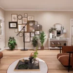 Mid-century modern living room interior rendering featuring burnt orange armchairs, a large gallery wall with botanical prints, and a stylish black arched floor lamp