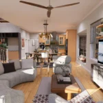 Modern rustic living room design featuring natural light and large windows in a 2-story home.