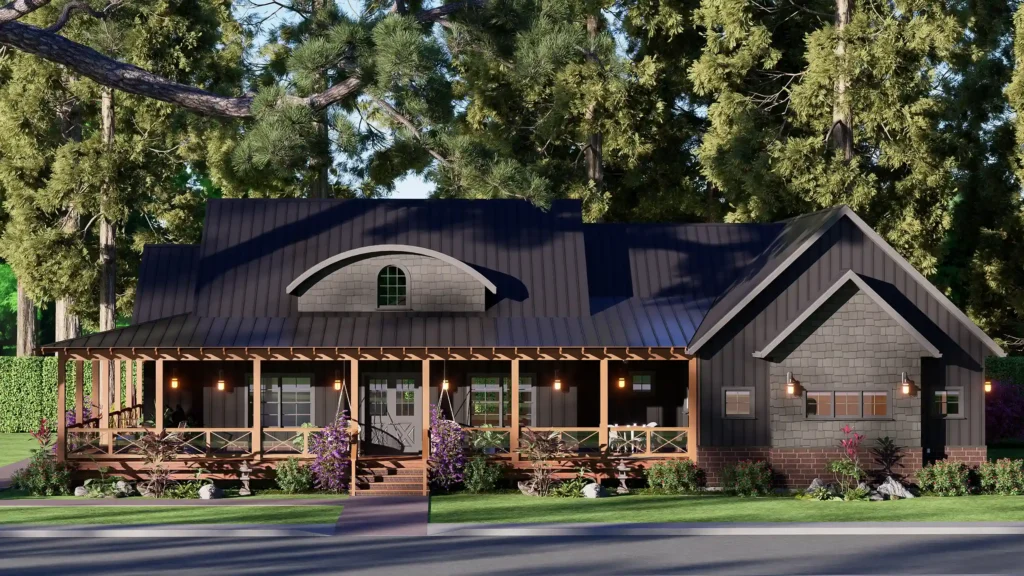Exterior view of a modern 3-bedroom farmhouse with black vertical siding, a large wooden wraparound porch, and a dark metal roof