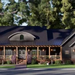 Exterior view of a modern 3-bedroom farmhouse with black vertical siding, a large wooden wraparound porch, and a dark metal roof