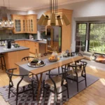 Craftsman style kitchen interior rendering corresponding to the teal siding and stone house blueprints