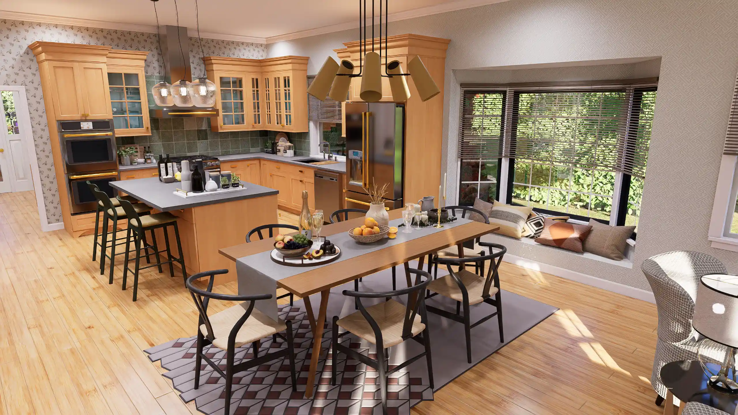 Craftsman style kitchen interior rendering corresponding to the teal siding and stone house blueprints