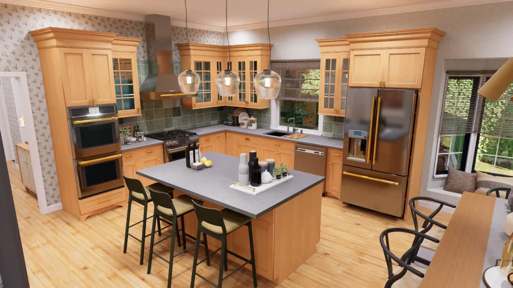 Gourmet kitchen layout with a large center island, part of a 3 bedroom 5 bathroom house plan