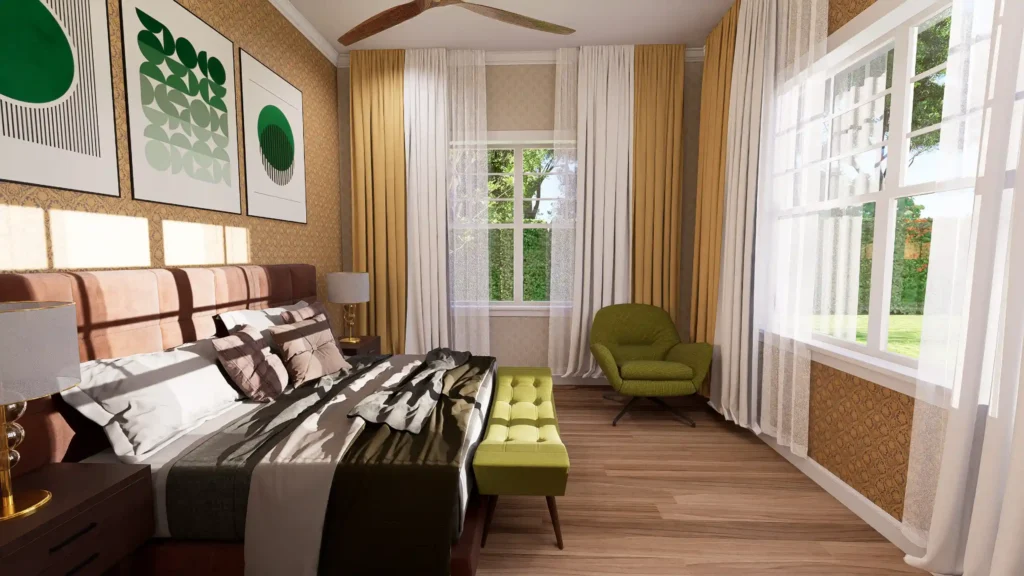 Master bedroom interior rendering for a custom house plan featuring a decorative gold-patterned accent wall, a private lounge area, and a large window for natural lighting