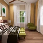 Master bedroom interior rendering for a custom house plan featuring a decorative gold-patterned accent wall, a private lounge area, and a large window for natural lighting