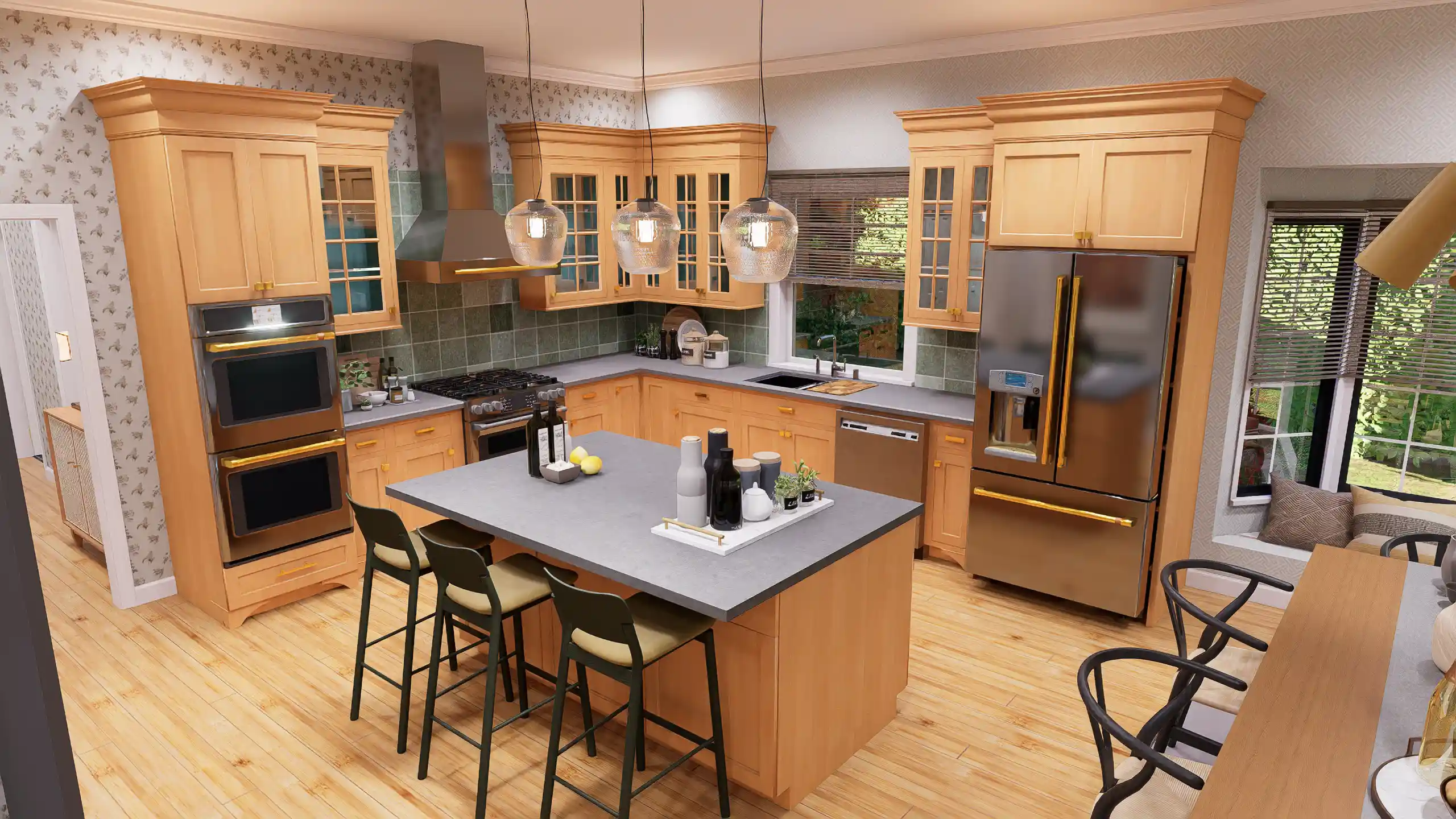 Gourmet kitchen layout with a large center island, part of a 3 bedroom 5 bathroom house plan