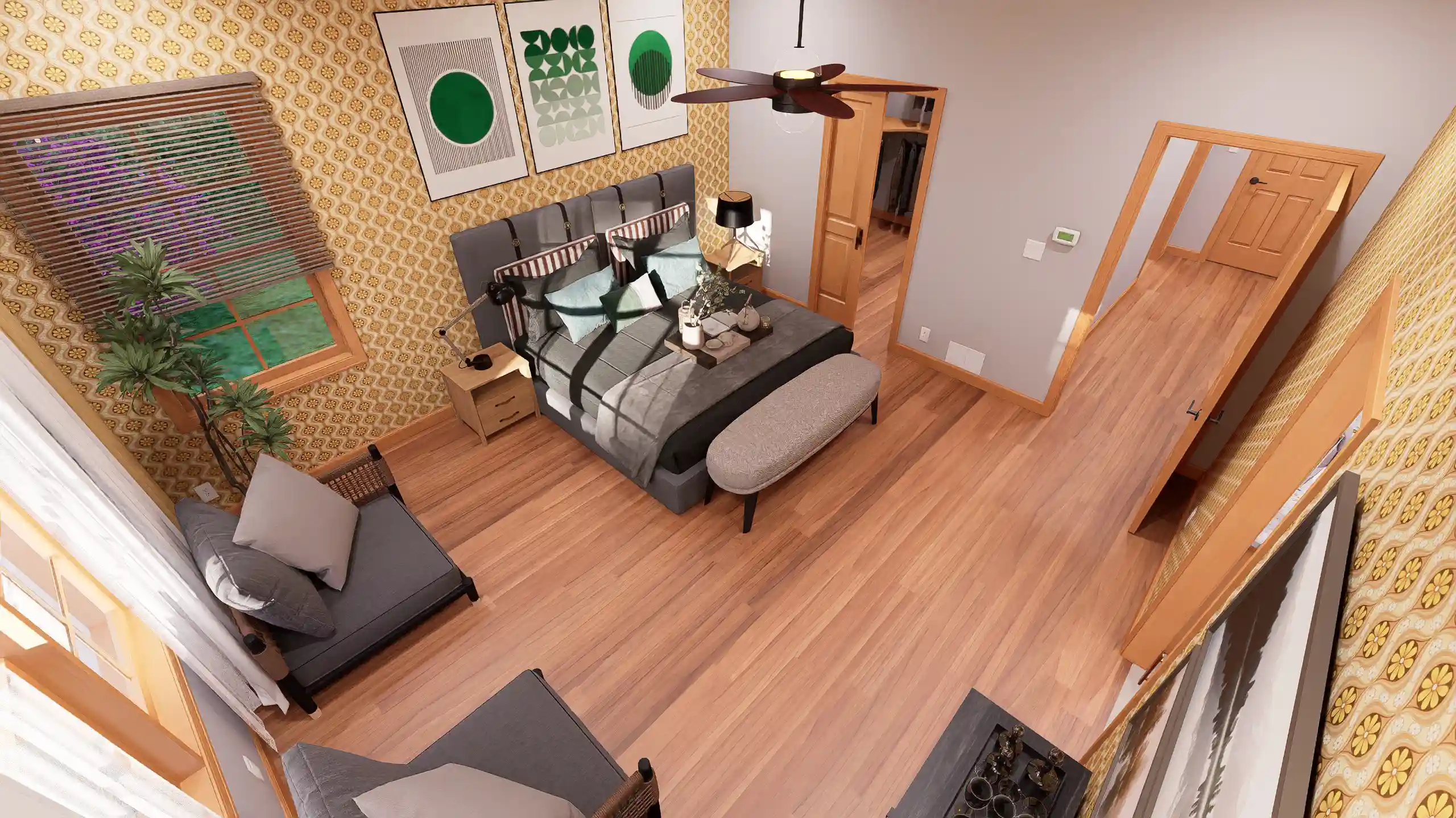 Modern cottage bedroom with patterned yellow wallpaper, green geometric wall art, a grey upholstered bed, and a small sitting area by the window
