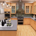 View of the kitchen and dining area connection in a 2-story, 3 bed 5 bath home design for sale.