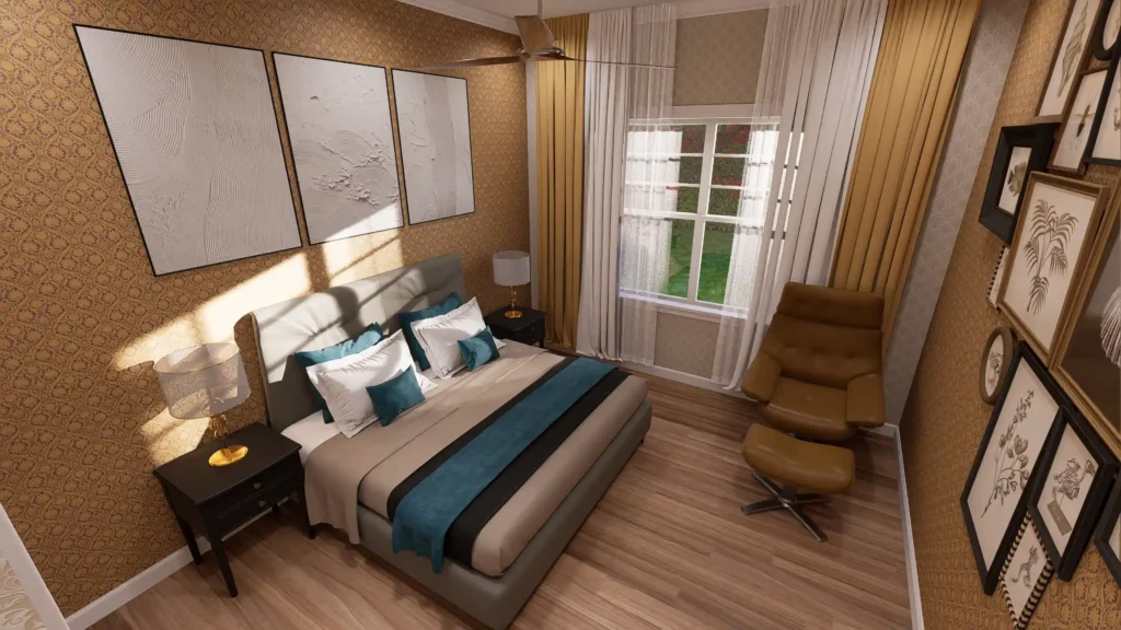 Master bedroom interior rendering for a custom house plan featuring a decorative gold-patterned accent wall, a private lounge area, and a large window for natural lighting