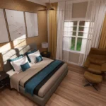 Master bedroom interior rendering for a custom house plan featuring a decorative gold-patterned accent wall, a private lounge area, and a large window for natural lighting