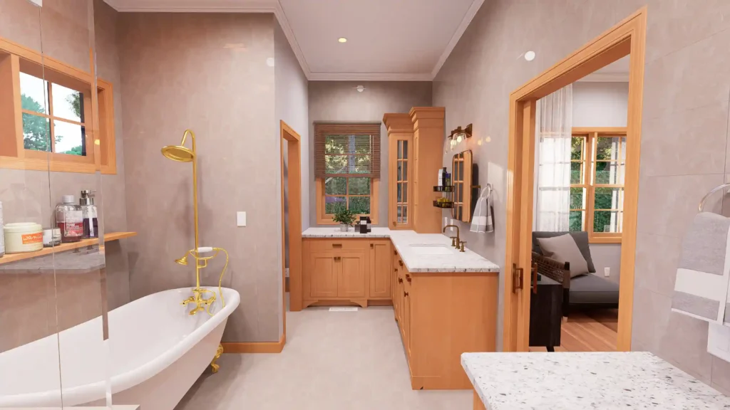 Luxury cottage bathroom featuring a white clawfoot soaking tub with gold fixtures, a wood vanity, and elegant grey marble wall tiles