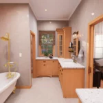 Luxury cottage bathroom featuring a white clawfoot soaking tub with gold fixtures, a wood vanity, and elegant grey marble wall tiles
