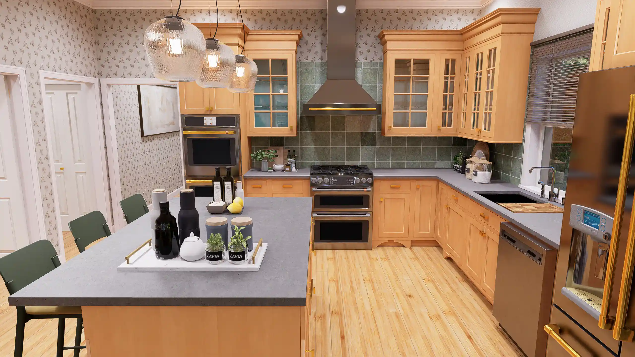 View of the kitchen and dining area connection in a 2-story, 3 bed 5 bath home design for sale.