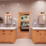 Luxury cottage bathroom featuring a white clawfoot soaking tub with gold fixtures, a wood vanity, and elegant grey marble wall tiles