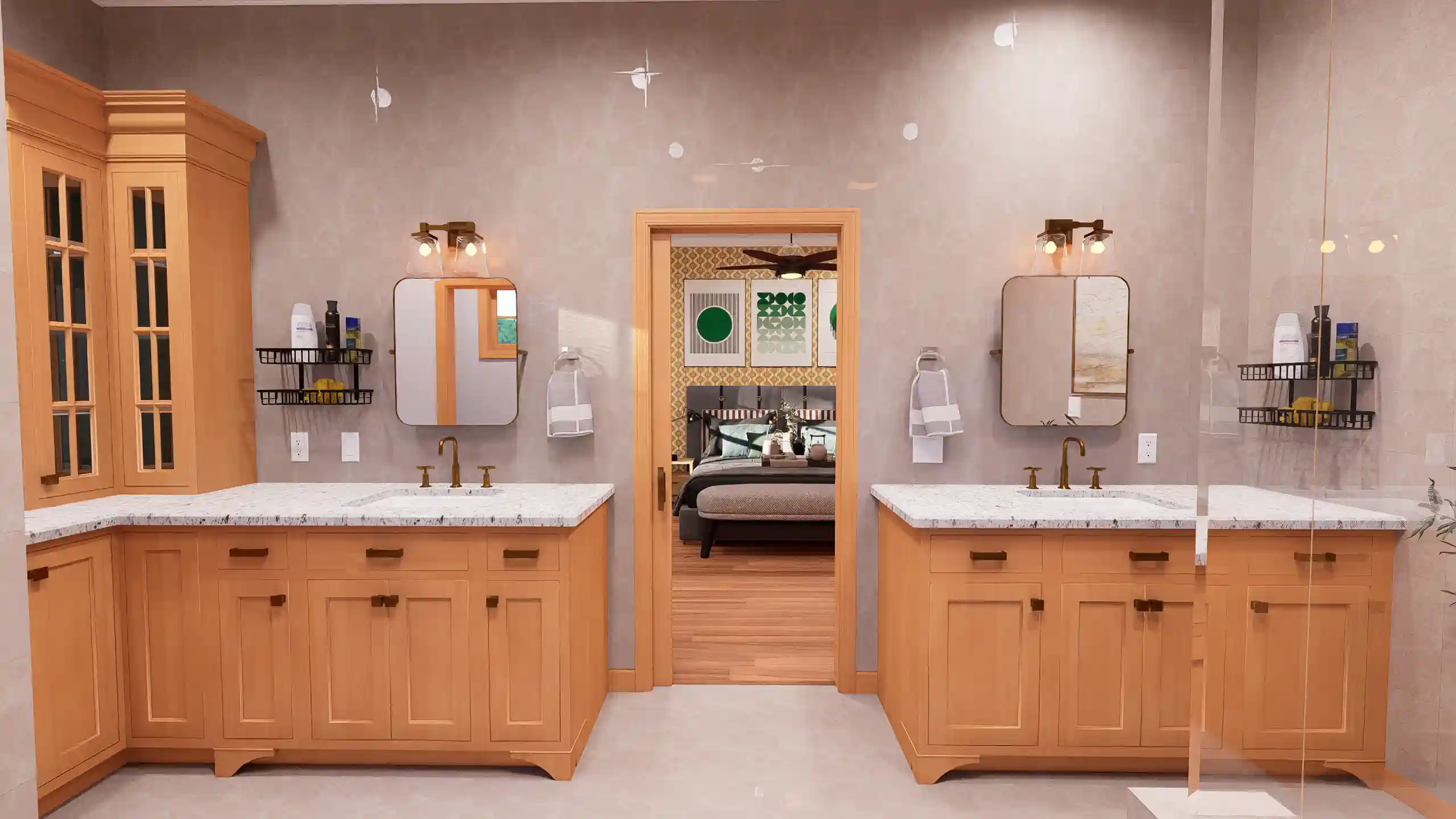 Luxury cottage bathroom featuring a white clawfoot soaking tub with gold fixtures, a wood vanity, and elegant grey marble wall tiles
