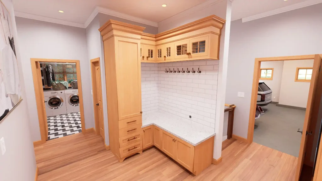 Entryway mudroom in a 3-bedroom cottage with built-in wooden bench seating, coat hooks against white subway tile, and a view into the laundry area