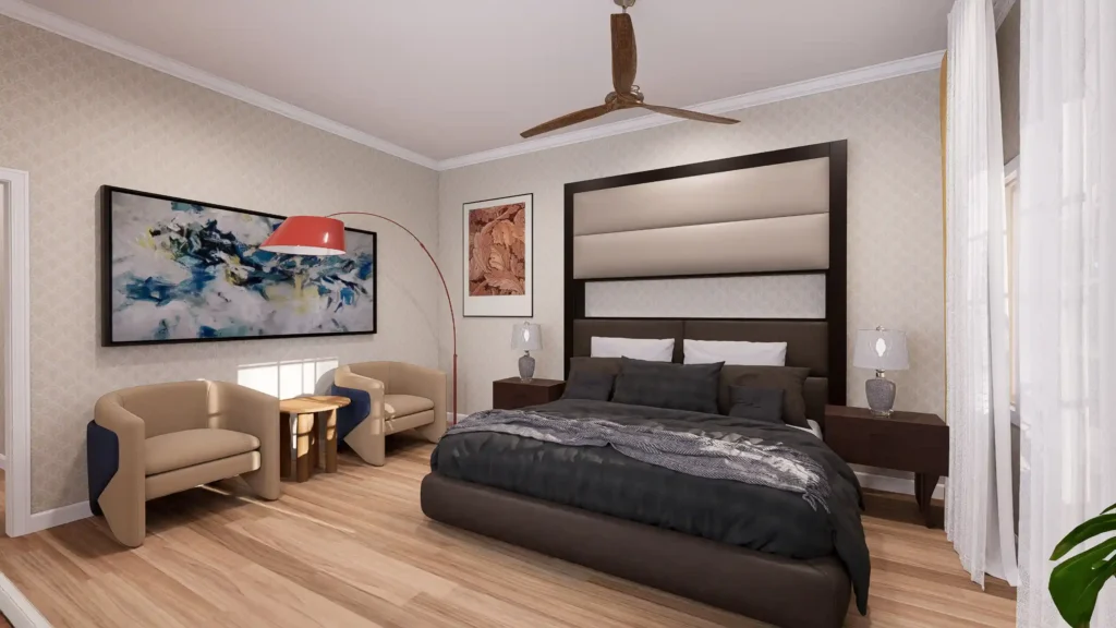 Master bedroom interior rendering for a custom house plan featuring a decorative gold-patterned accent wall, a private lounge area, and a large window for natural lighting