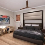 Master bedroom interior rendering for a custom house plan featuring a decorative gold-patterned accent wall, a private lounge area, and a large window for natural lighting