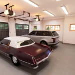 Clean, spacious two-car garage of a modern cottage house featuring overhead lighting, windows for natural light, and a classic car parked next to an SUV