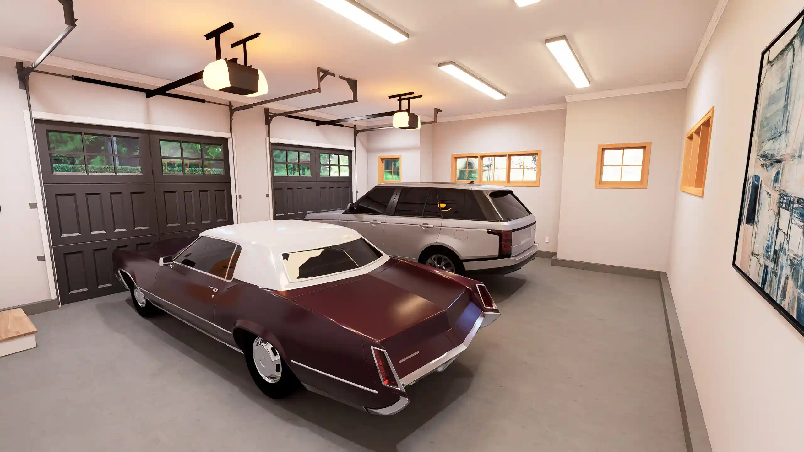 Clean, spacious two-car garage of a modern cottage house featuring overhead lighting, windows for natural light, and a classic car parked next to an SUV