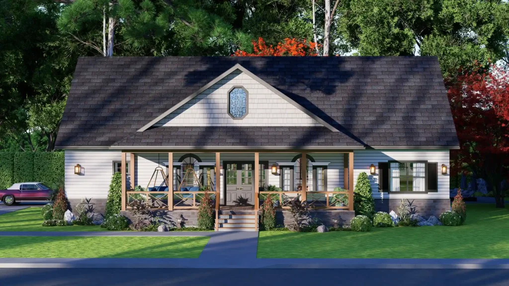 3D architectural rendering of a modern craftsman-style house plan featuring a large covered front porch, white horizontal siding, and a dark grey shingle roof surrounded by lush green landscaping