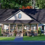 3D architectural rendering of a modern craftsman-style house plan featuring a large covered front porch, white horizontal siding, and a dark grey shingle roof surrounded by lush green landscaping