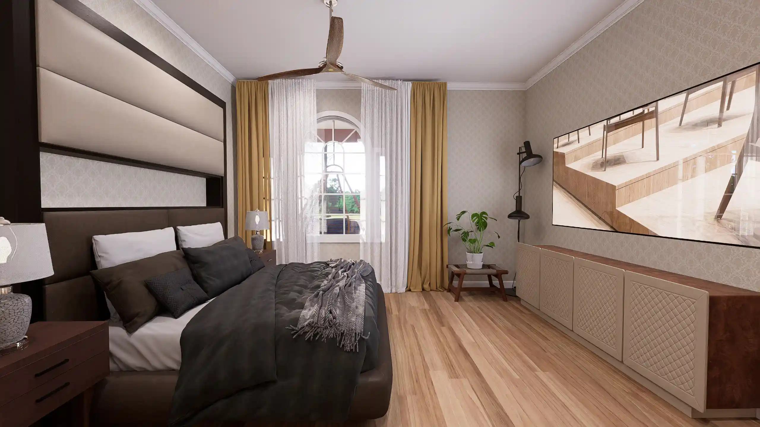 Master bedroom interior rendering for a custom house plan featuring a decorative gold-patterned accent wall, a private lounge area, and a large window for natural lighting