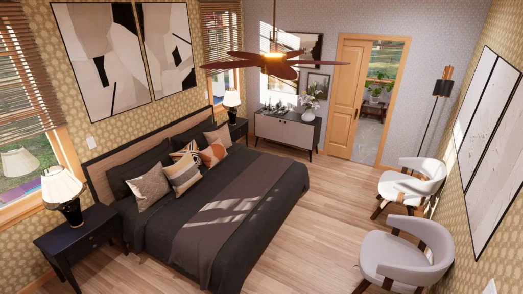 Primary bedroom in cottage house with ensuite bathroom, natural light, modern decor, wooden flooring, and cozy seating