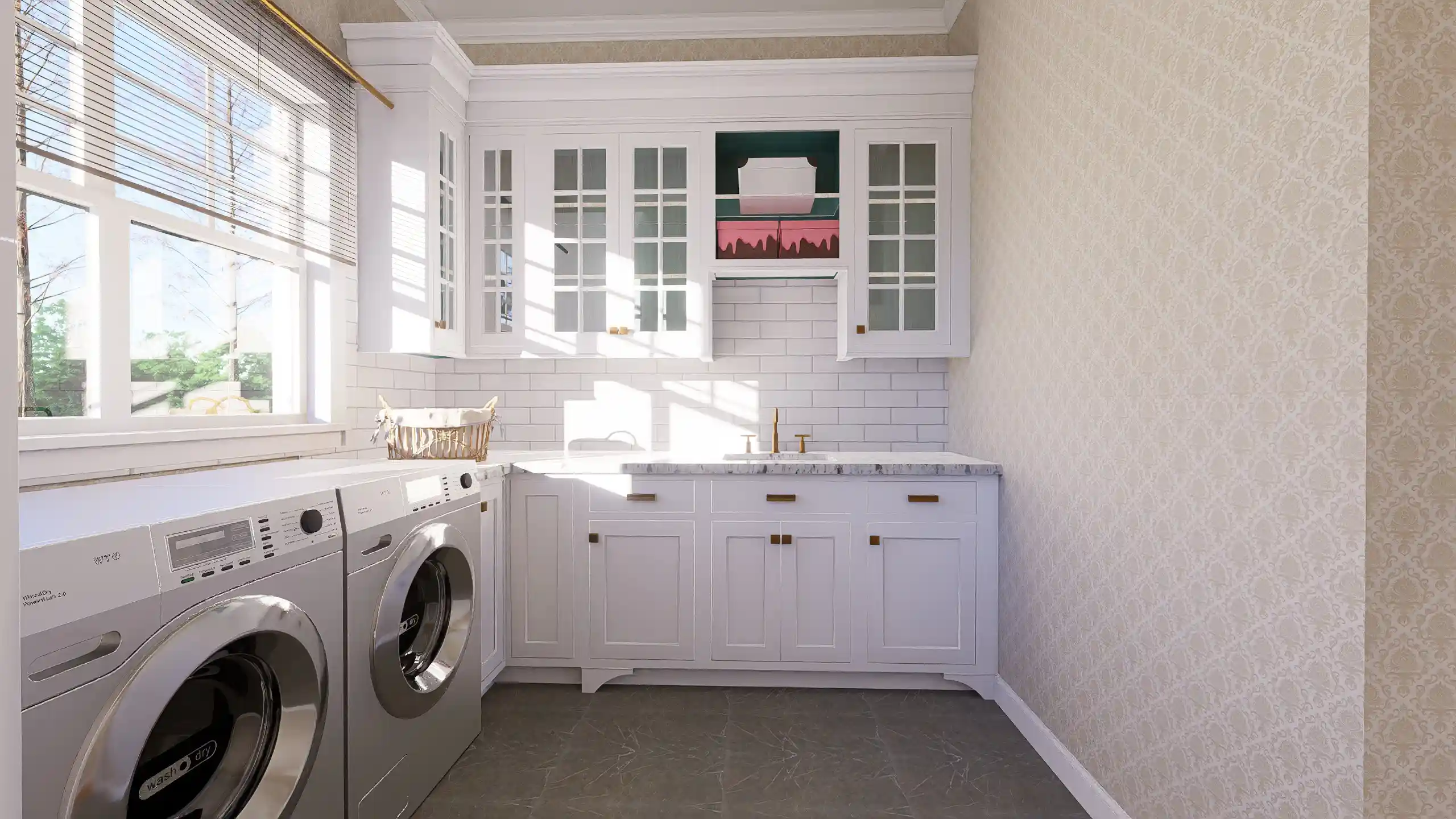 laundry room with white shaker cabinets, a natural wood countertop, and a deep white farmhouse utility sink
