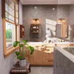 Modern cottage bathroom with freestanding bathtub, black and green checkered tile flooring, glass shower, and double vanity