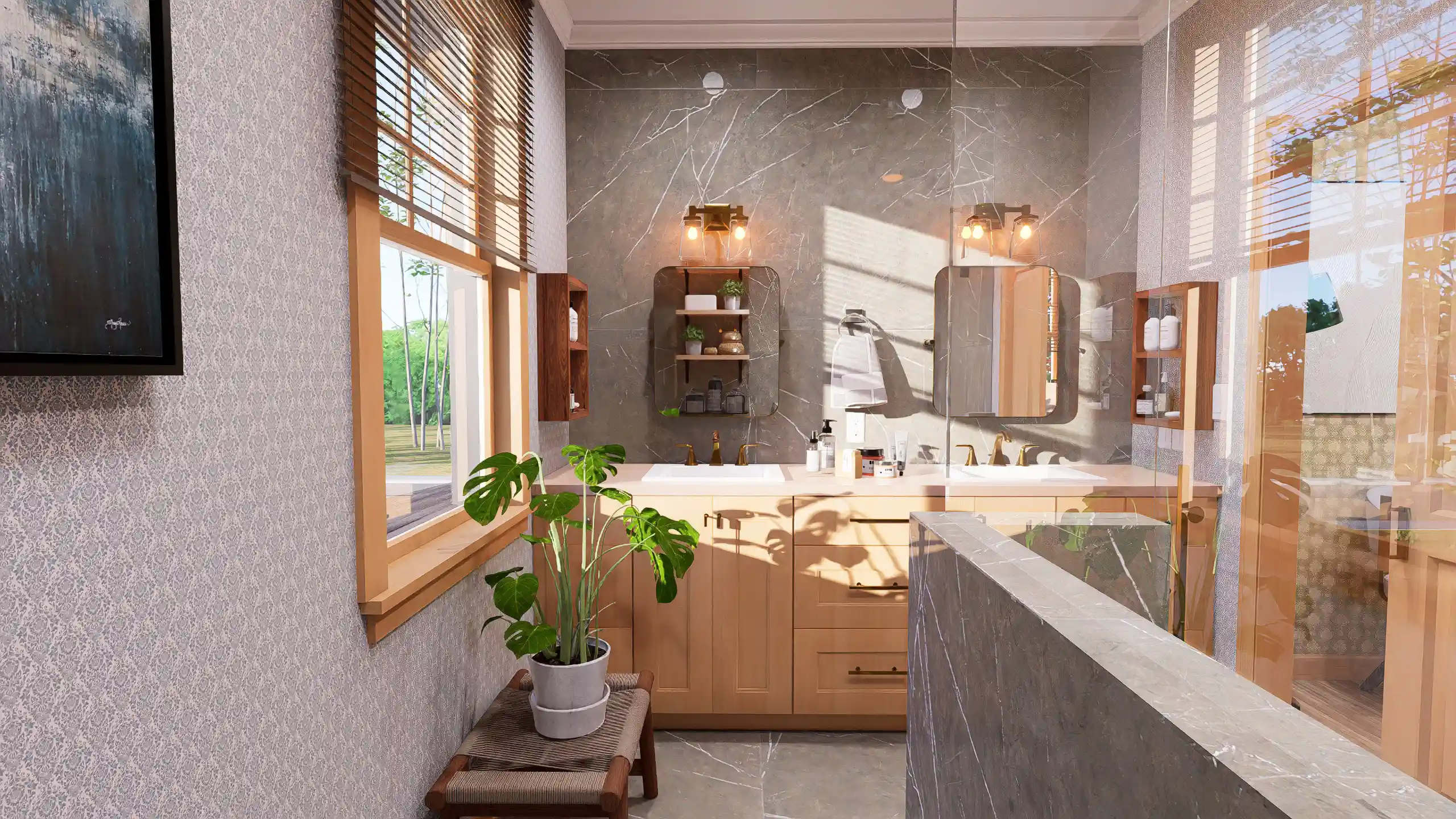 Modern cottage bathroom with freestanding bathtub, black and green checkered tile flooring, glass shower, and double vanity