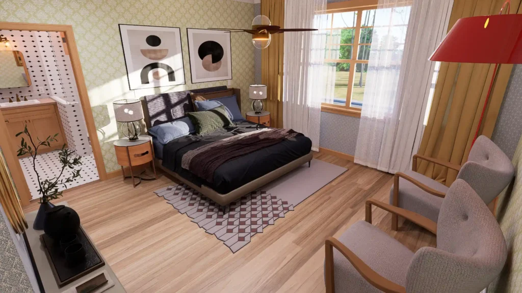 Primary bedroom in cottage house with ensuite bathroom, natural light, modern decor, wooden flooring, and cozy seating