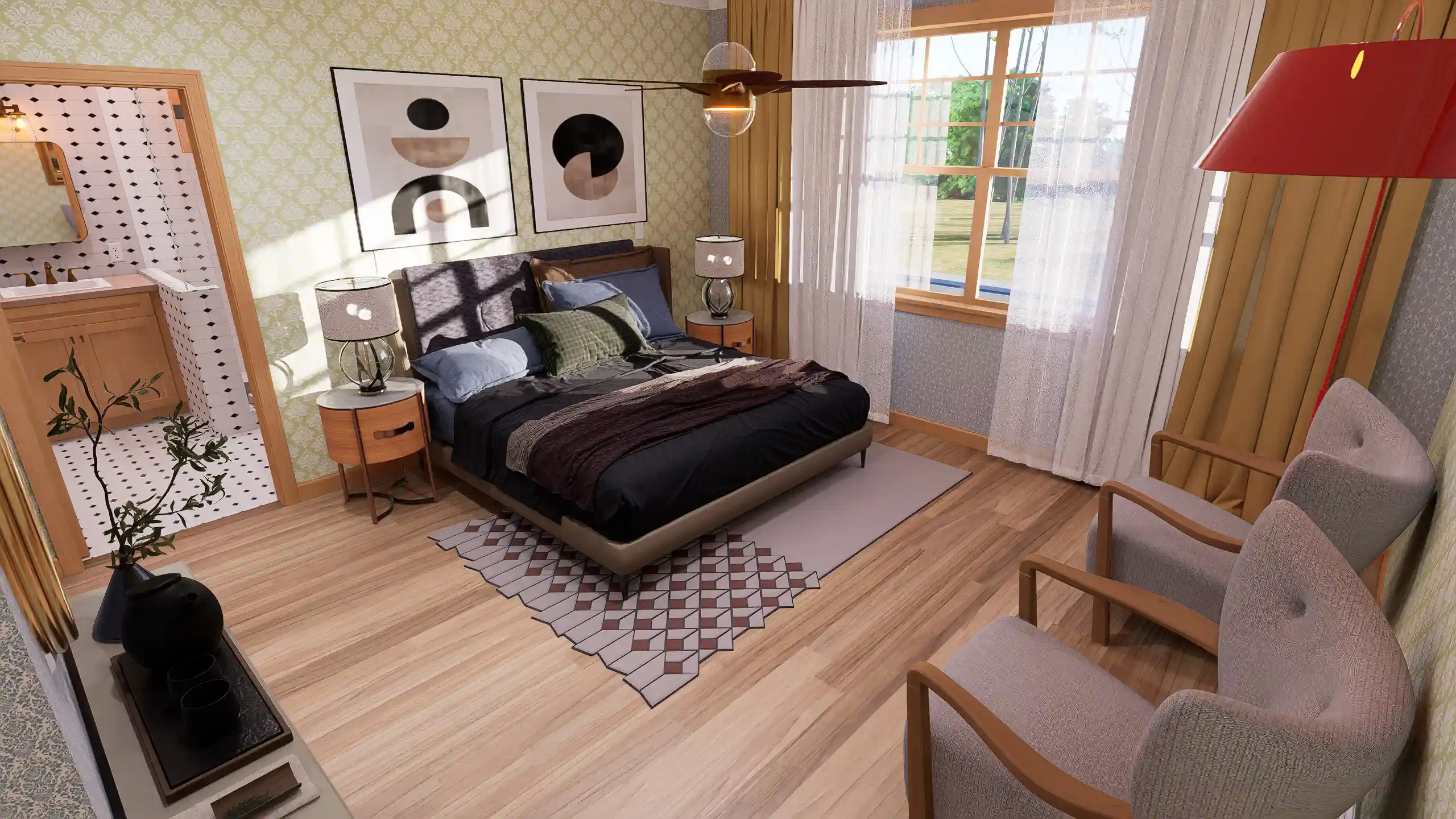 Primary bedroom in cottage house with ensuite bathroom, natural light, modern decor, wooden flooring, and cozy seating