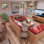 Second floor bonus living area in cottage house with open railing, sectional seating, natural light, and cozy lounge layout