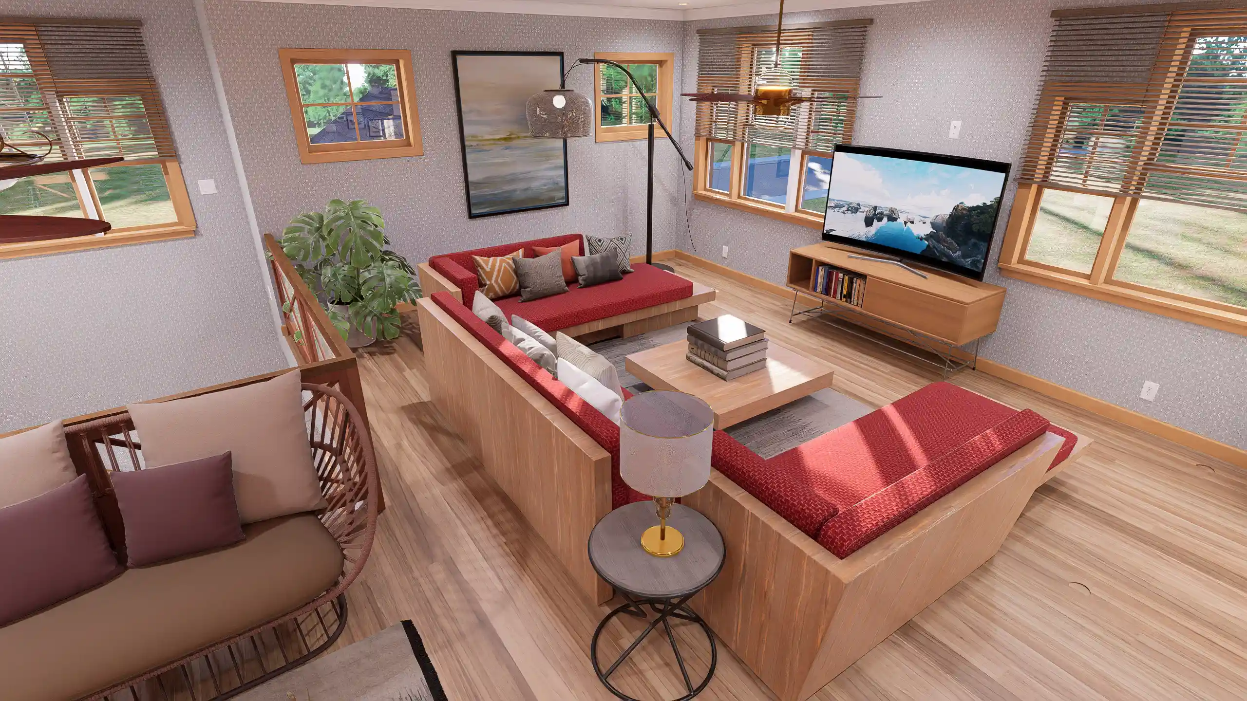 Second floor bonus living area in cottage house with open railing, sectional seating, natural light, and cozy lounge layout