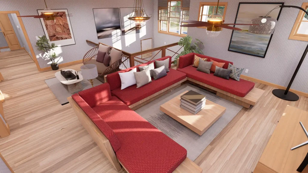 Second floor bonus living area in cottage house with open railing, sectional seating, natural light, and cozy lounge layout
