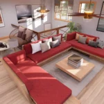 Second floor bonus living area in cottage house with open railing, sectional seating, natural light, and cozy lounge layout