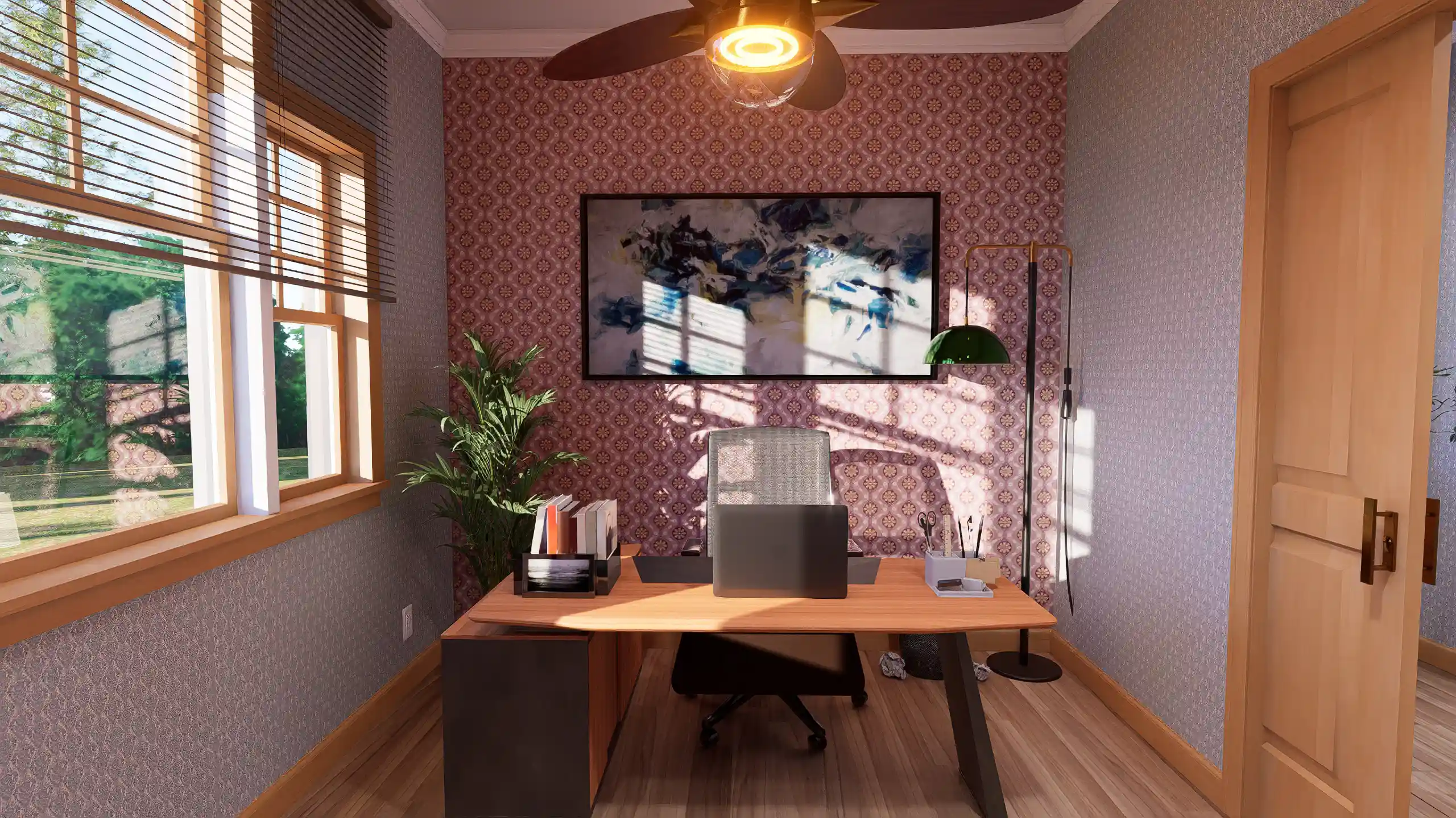 Home office room in cottage house with wooden desk, large window, natural light, ceiling fan, and modern decor
