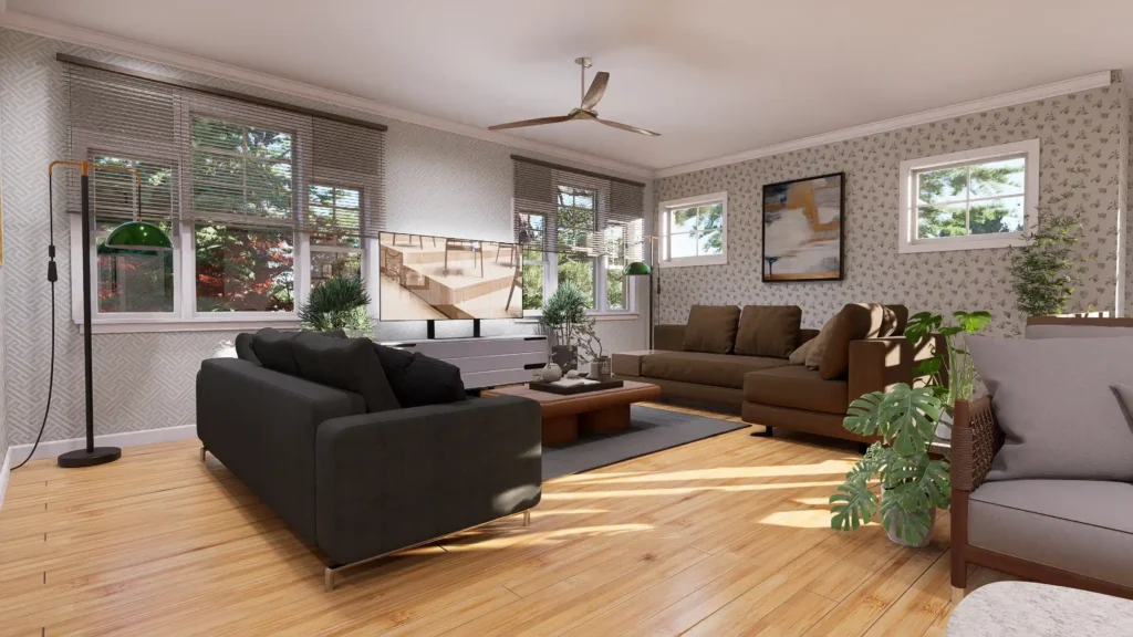 Upstairs bonus room layout suitable for a media room or playroom in a 2-story house plan