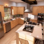Cottage house kitchen interior with wooden cabinets, large island seating, stainless steel appliances, and natural light