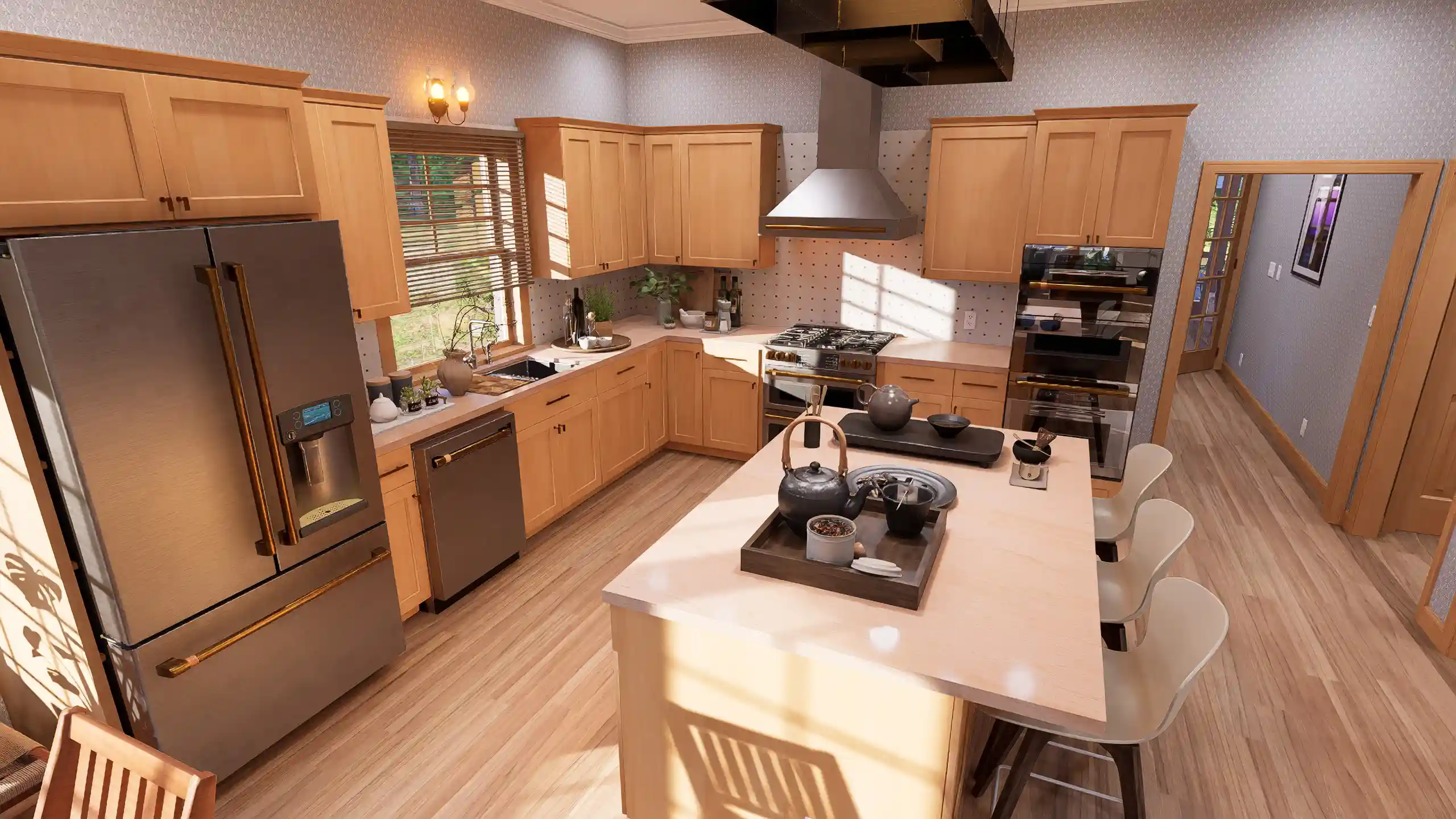 Cottage house kitchen interior with wooden cabinets, large island seating, stainless steel appliances, and natural light