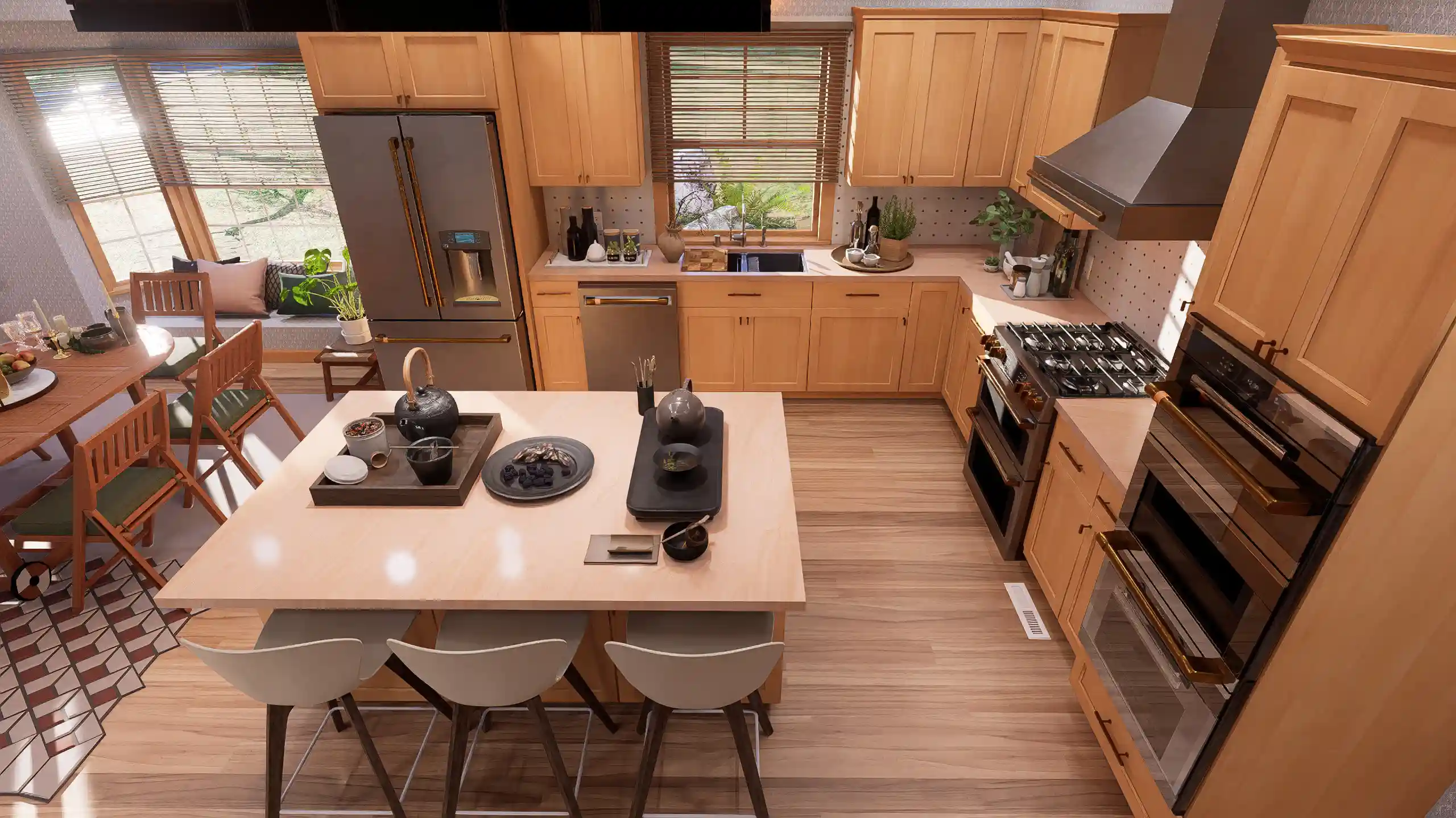 Cottage house kitchen interior with wooden cabinets, large island seating, stainless steel appliances, and natural light