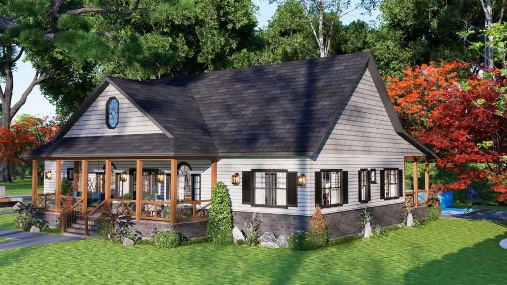 Modern farmhouse exterior with white siding, black shutters, and a wooden porch railing