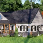 Modern farmhouse exterior with white siding, black shutters, and a wooden porch railing