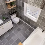 Interior view of a full bathroom with a walk-in tile shower in a 2-story house design for sale.