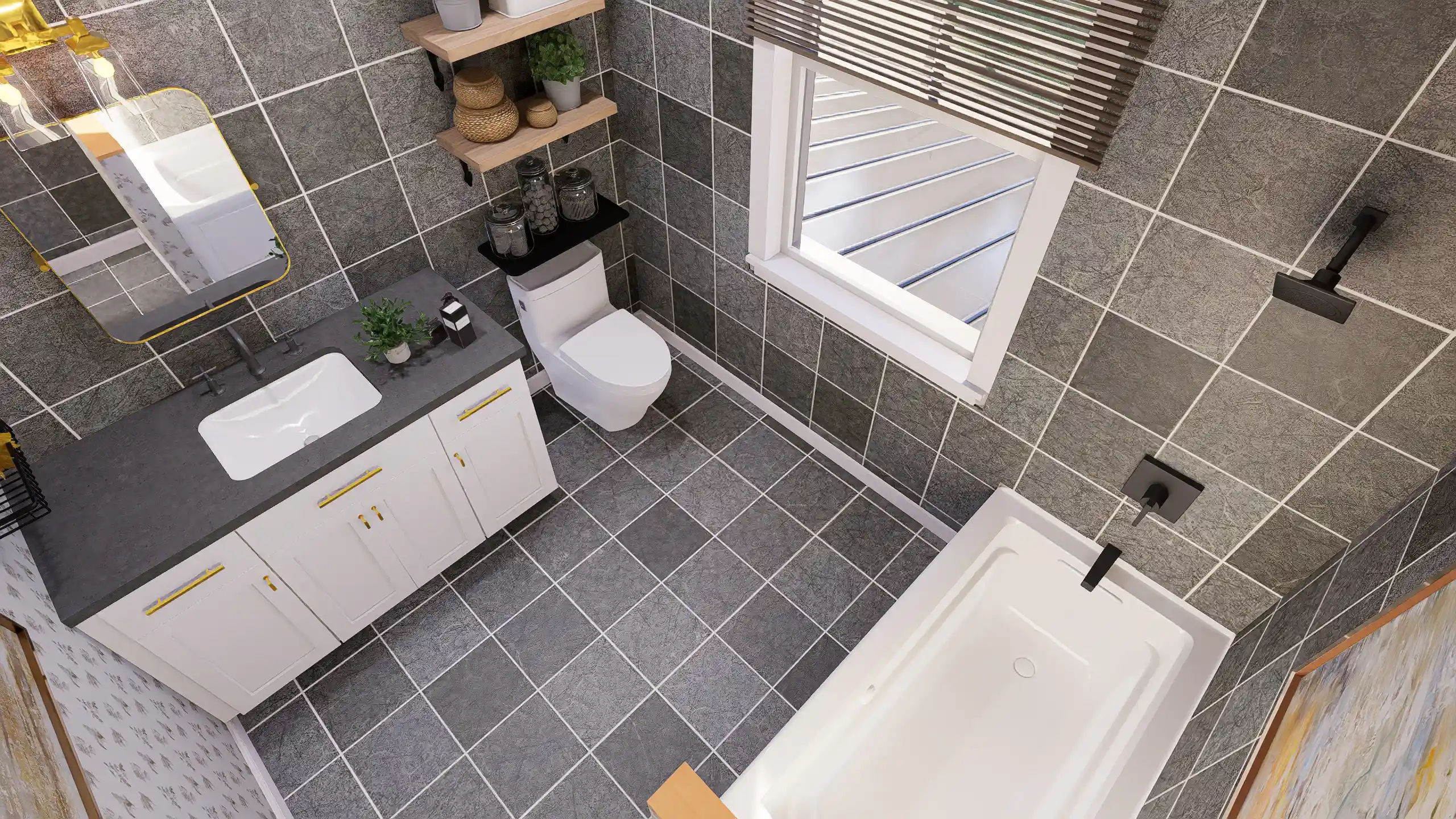Interior view of a full bathroom with a walk-in tile shower in a 2-story house design for sale.