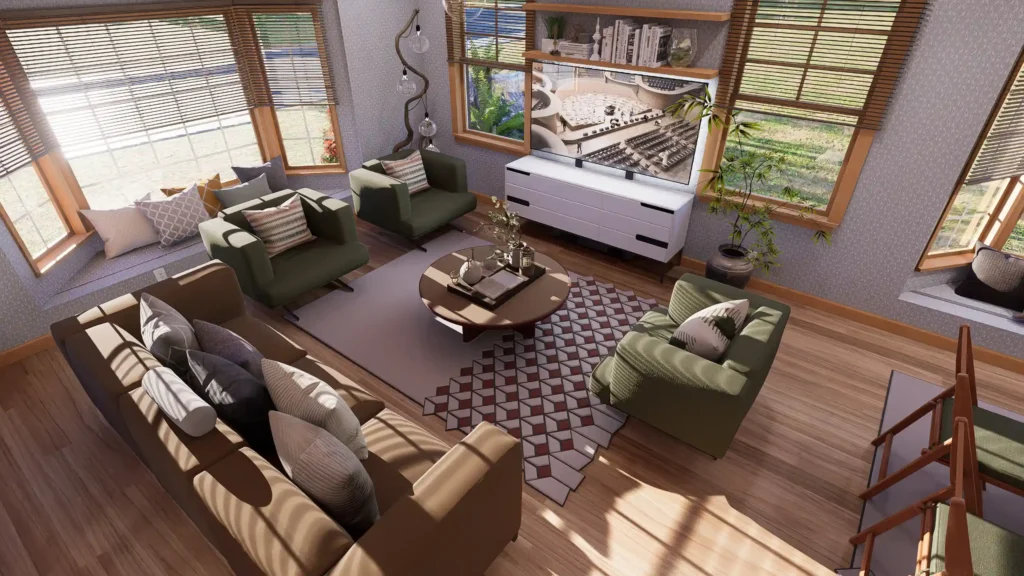 Open living room interior in a 3 bedroom cottage house with large windows, natural light, modern seating, wood flooring, and cozy layout