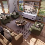 Open living room interior in a 3 bedroom cottage house with large windows, natural light, modern seating, wood flooring, and cozy layout