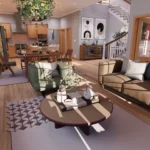 Open living room interior in a 3 bedroom cottage house with large windows, natural light, modern seating, wood flooring, and cozy layout